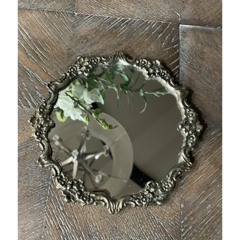 Vtg Ornate Round Silver Metal Sm Vanity or Decorative Mirror 7